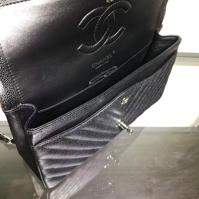Chanel Chevron Classic Double Flap Bag Silver Hardware Caviar Lambskin Leather Spring Summer Act 2 2018 Collection Black
