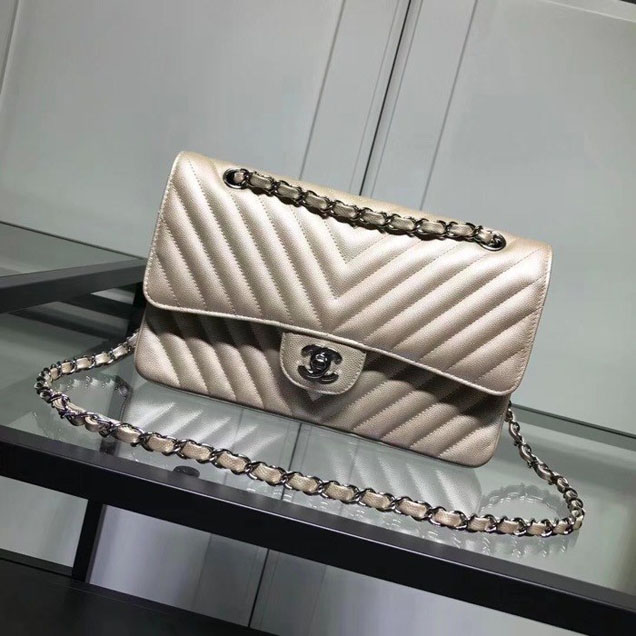 Chanel Chevron Classic Double Flap Bag Silver Hardware Caviar Lambskin Leather Spring Summer Act 2 2018 Collection Champagne