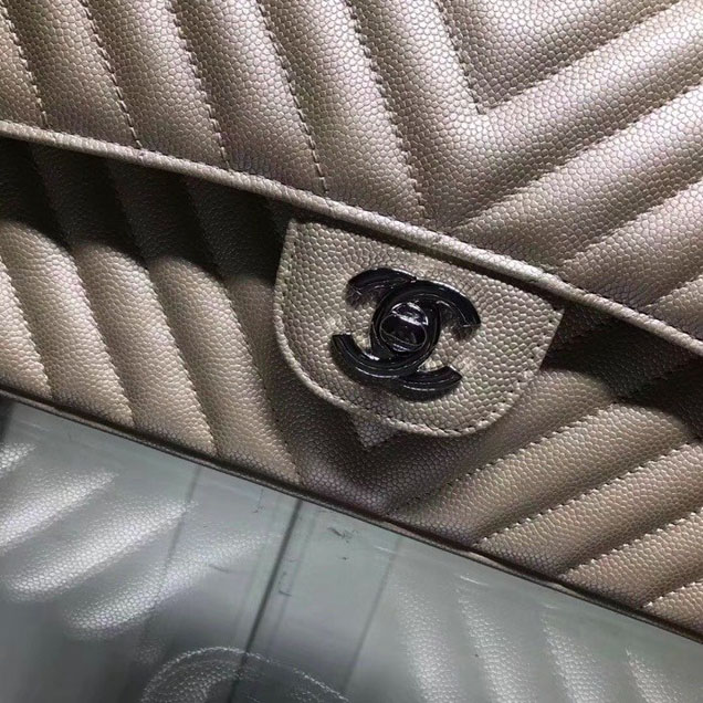 Chanel Chevron Classic Double Flap Bag Silver Hardware Caviar Lambskin Leather Spring Summer Act 2 2018 Collection Champagne