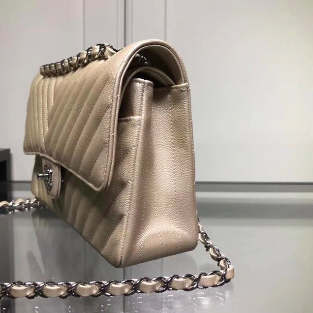Chanel Chevron Classic Double Flap Bag Silver Hardware Caviar Lambskin Leather Spring Summer Act 2 2018 Collection Champagne