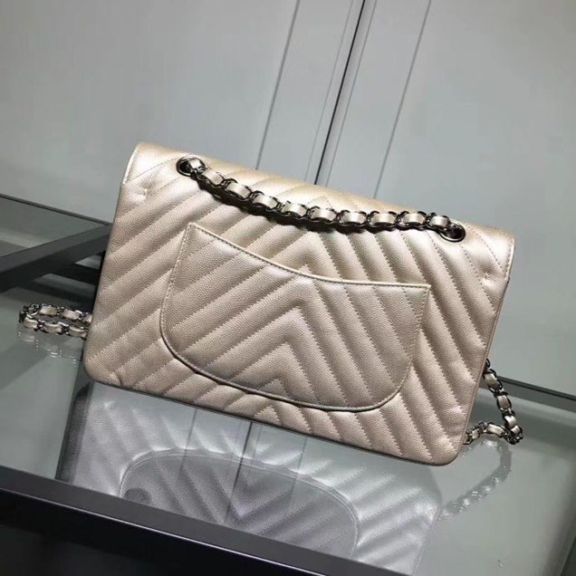 Chanel Chevron Classic Double Flap Bag Silver Hardware Caviar Lambskin Leather Spring Summer Act 2 2018 Collection Champagne