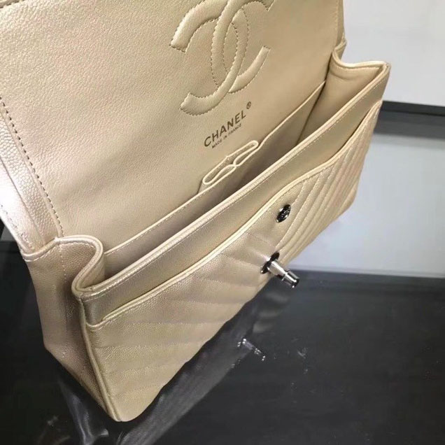 Chanel Chevron Classic Double Flap Bag Silver Hardware Caviar Lambskin Leather Spring Summer Act 2 2018 Collection Champagne