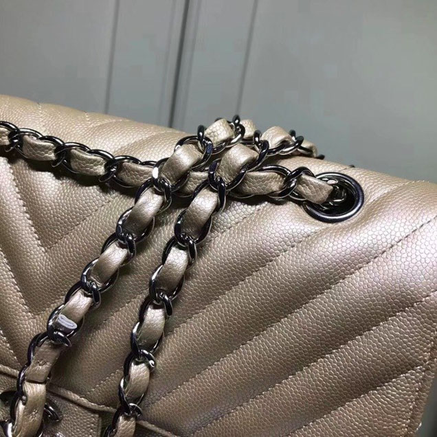 Chanel Chevron Classic Double Flap Bag Silver Hardware Caviar Lambskin Leather Spring Summer Act 2 2018 Collection Champagne