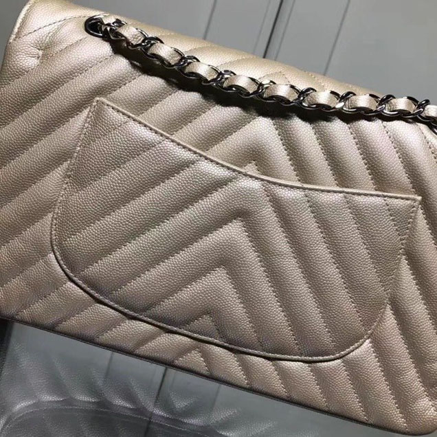 Chanel Chevron Classic Double Flap Bag Silver Hardware Caviar Lambskin Leather Spring Summer Act 2 2018 Collection Champagne
