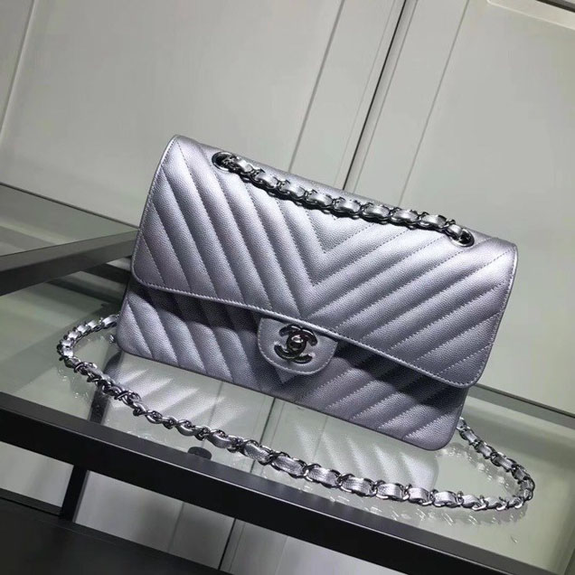 Chanel Chevron Classic Double Flap Bag Silver Hardware Caviar Lambskin Leather Spring Summer Act 2 2018 Collection Metallic Silver