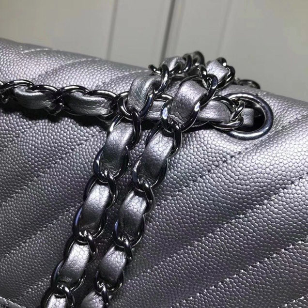 Chanel Chevron Classic Double Flap Bag Silver Hardware Caviar Lambskin Leather Spring Summer Act 2 2018 Collection Metallic Silver