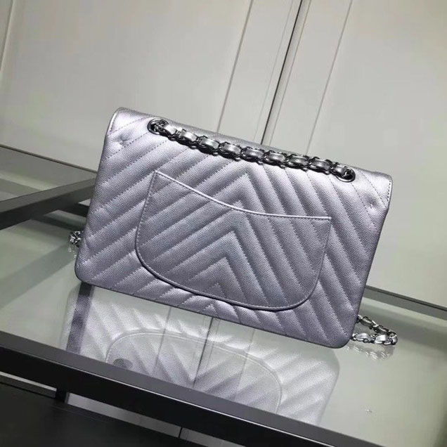 Chanel Chevron Classic Double Flap Bag Silver Hardware Caviar Lambskin Leather Spring Summer Act 2 2018 Collection Metallic Silver