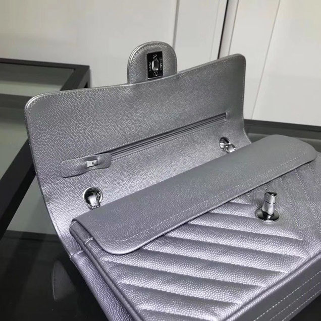 Chanel Chevron Classic Double Flap Bag Silver Hardware Caviar Lambskin Leather Spring Summer Act 2 2018 Collection Metallic Silver