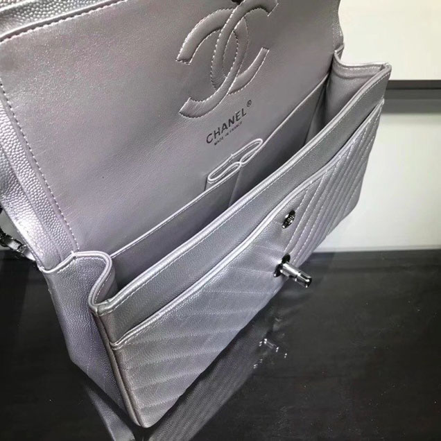 Chanel Chevron Classic Double Flap Bag Silver Hardware Caviar Lambskin Leather Spring Summer Act 2 2018 Collection Metallic Silver