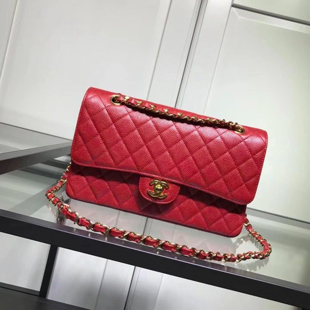 Chanel Classic Double Flap Bag Gold Hardware Caviar Lambskin Leather Spring Summer Act 2 2018 Collection Red