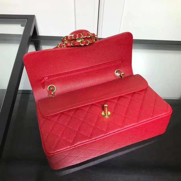 Chanel Classic Double Flap Bag Gold Hardware Caviar Lambskin Leather Spring Summer Act 2 2018 Collection Red