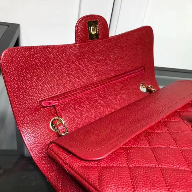 Chanel Classic Double Flap Bag Gold Hardware Caviar Lambskin Leather Spring Summer Act 2 2018 Collection Red