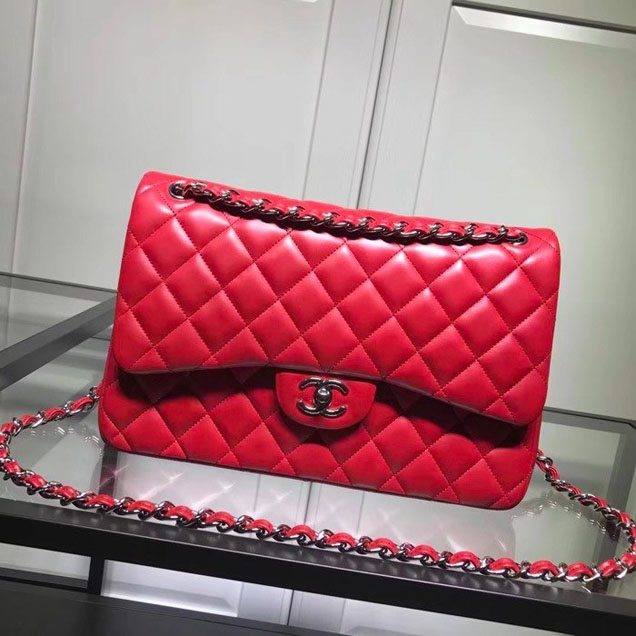 Chanel Classic Double Flap Bag Silver Hardware Lambskin Leather Spring Summer Act 2 2018 Collection Red