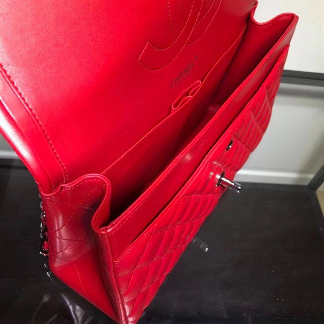 Chanel Classic Double Flap Bag Silver Hardware Lambskin Leather Spring Summer Act 2 2018 Collection Red