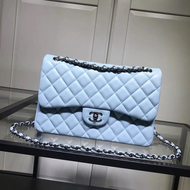 Chanel Classic Double Flap Bag Silver Hardware Lambskin Leather Spring Summer Act 2 2018 Collection Light Blue