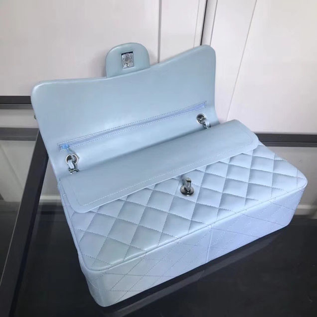 Chanel Classic Double Flap Bag Silver Hardware Lambskin Leather Spring Summer Act 2 2018 Collection Light Blue