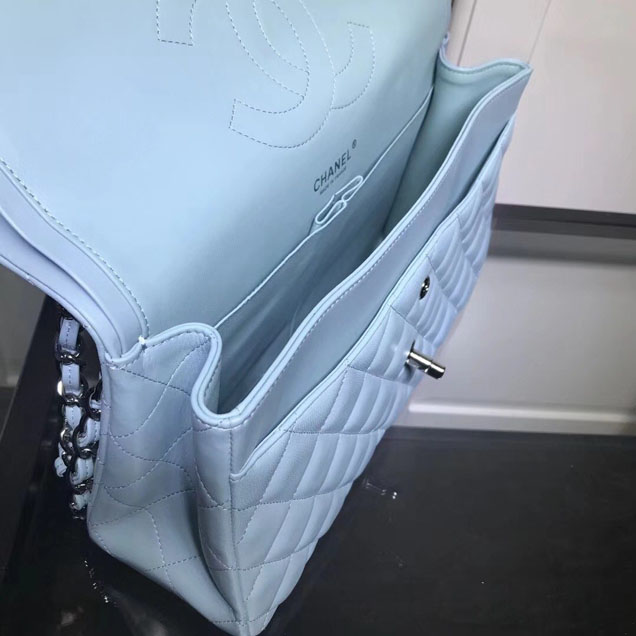 Chanel Classic Double Flap Bag Silver Hardware Lambskin Leather Spring Summer Act 2 2018 Collection Light Blue
