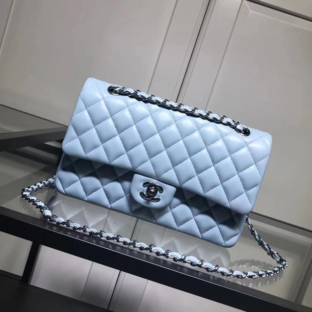 Chanel Classic Double Flap Bag Silver Hardware Lambskin Leather Spring Summer Act 2 2018 Collection Light Blue