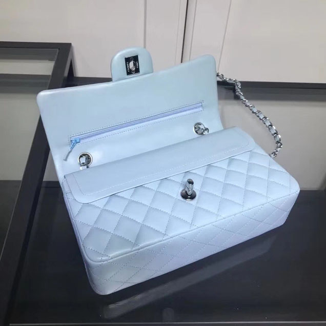 Chanel Classic Double Flap Bag Silver Hardware Lambskin Leather Spring Summer Act 2 2018 Collection Light Blue