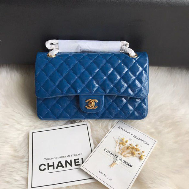 Chanel Classic Double Flap Bag 25cm Gold Hardware Patent Lambskin Leather Spring Summer Act 2 2018 Collection Blue