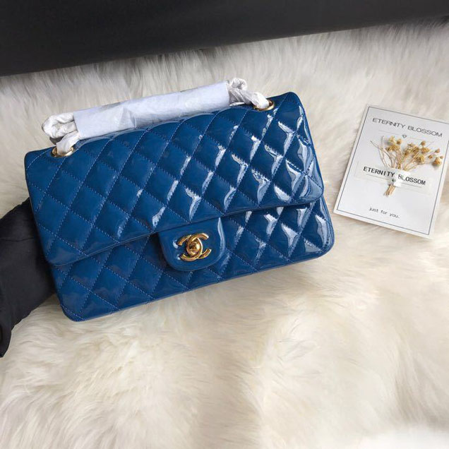 Chanel Classic Double Flap Bag 25cm Gold Hardware Patent Lambskin Leather Spring Summer Act 2 2018 Collection Blue