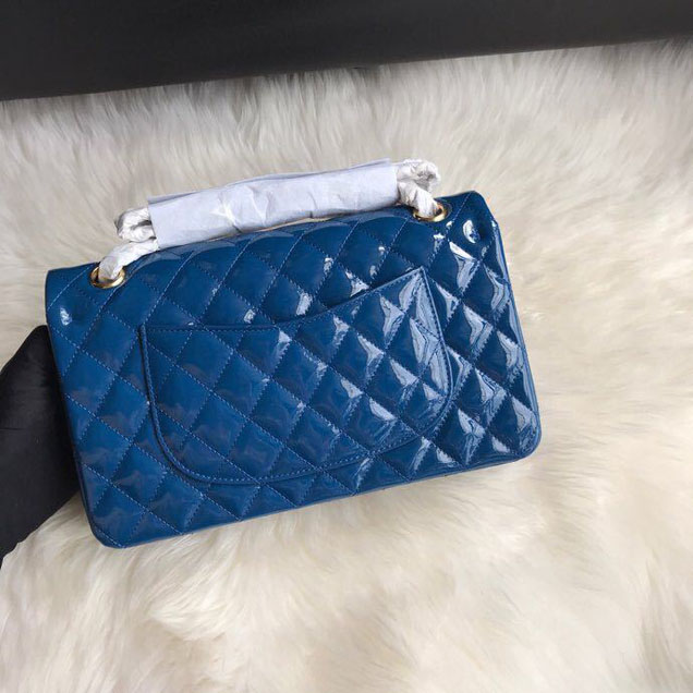 Chanel Classic Double Flap Bag 25cm Gold Hardware Patent Lambskin Leather Spring Summer Act 2 2018 Collection Blue