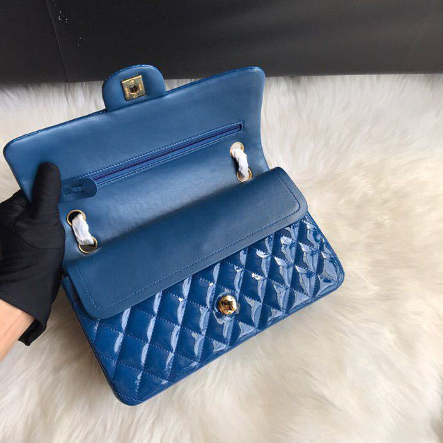 Chanel Classic Double Flap Bag 25cm Gold Hardware Patent Lambskin Leather Spring Summer Act 2 2018 Collection Blue