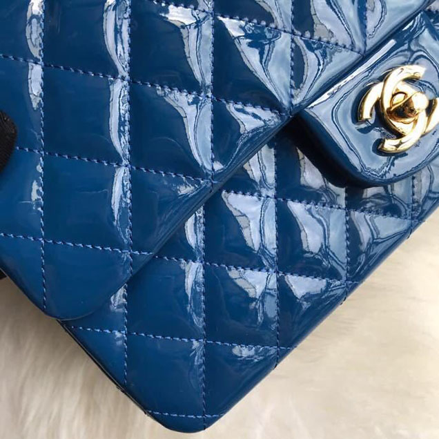 Chanel Classic Double Flap Bag 25cm Gold Hardware Patent Lambskin Leather Spring Summer Act 2 2018 Collection Blue
