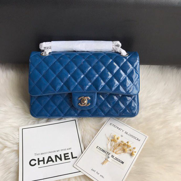 Chanel Classic Double Flap Bag 25cm Silver Hardware Patent Lambskin Leather Spring Summer Act 2 2018 Collection Blue