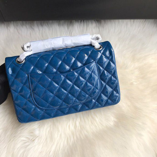 Chanel Classic Double Flap Bag 25cm Silver Hardware Patent Lambskin Leather Spring Summer Act 2 2018 Collection Blue