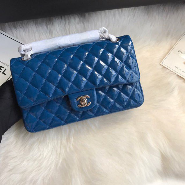 Chanel Classic Double Flap Bag 25cm Silver Hardware Patent Lambskin Leather Spring Summer Act 2 2018 Collection Blue