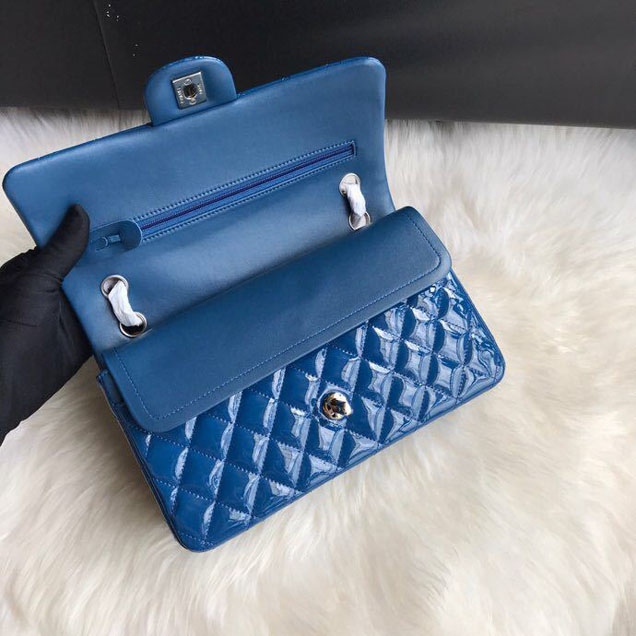 Chanel Classic Double Flap Bag 25cm Silver Hardware Patent Lambskin Leather Spring Summer Act 2 2018 Collection Blue