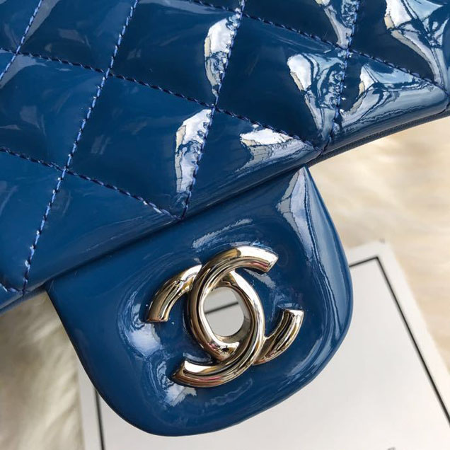 Chanel Classic Double Flap Bag 25cm Silver Hardware Patent Lambskin Leather Spring Summer Act 2 2018 Collection Blue