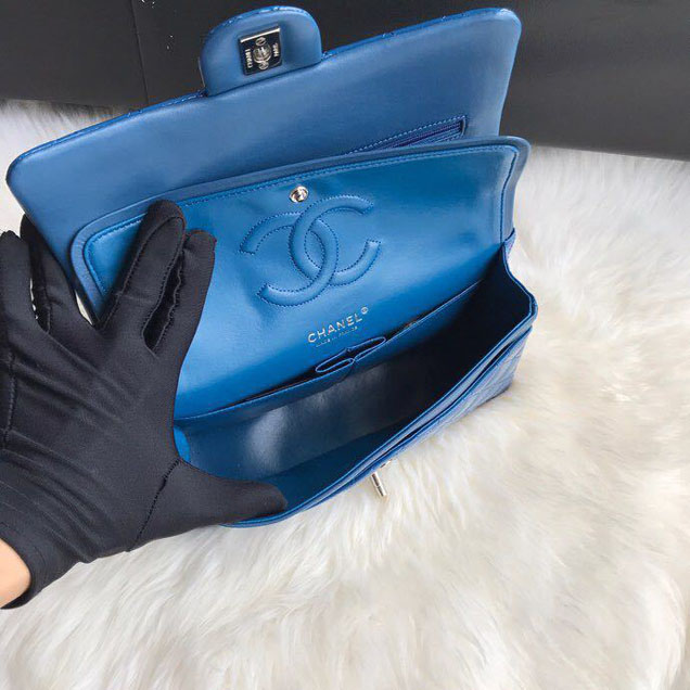 Chanel Classic Double Flap Bag 25cm Silver Hardware Patent Lambskin Leather Spring Summer Act 2 2018 Collection Blue