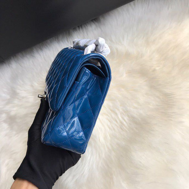 Chanel Classic Double Flap Bag 25cm Silver Hardware Patent Lambskin Leather Spring Summer Act 2 2018 Collection Blue