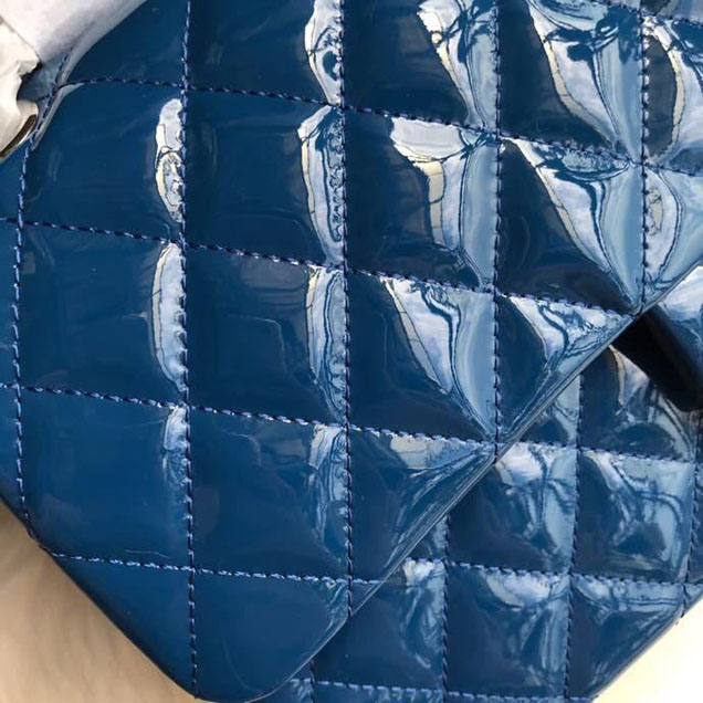 Chanel Classic Double Flap Bag 25cm Silver Hardware Patent Lambskin Leather Spring Summer Act 2 2018 Collection Blue
