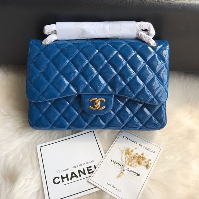 Chanel Classic Double Flap Bag 30cm Gold Hardware Patent Lambskin Leather Spring Summer Act 2 2018 Collection Blue