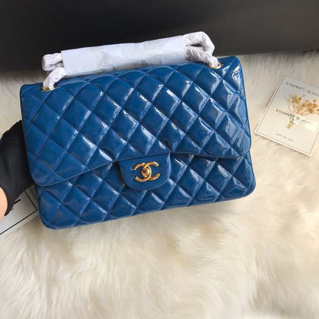 Chanel Classic Double Flap Bag 30cm Gold Hardware Patent Lambskin Leather Spring Summer Act 2 2018 Collection Blue