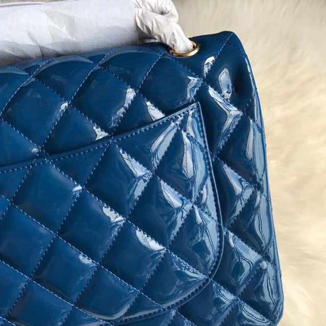 Chanel Classic Double Flap Bag 30cm Gold Hardware Patent Lambskin Leather Spring Summer Act 2 2018 Collection Blue
