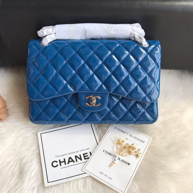 Chanel Classic Double Flap Bag 30cm Silver Hardware Patent Lambskin Leather Spring Summer Act 2 2018 Collection Blue