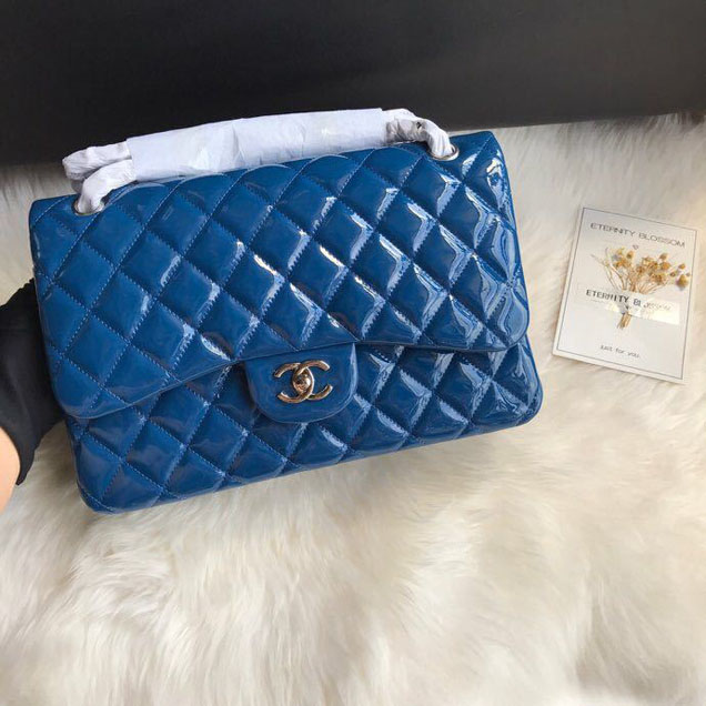 Chanel Classic Double Flap Bag 30cm Silver Hardware Patent Lambskin Leather Spring Summer Act 2 2018 Collection Blue