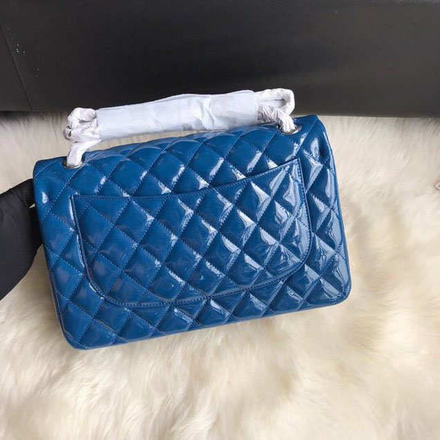 Chanel Classic Double Flap Bag 30cm Silver Hardware Patent Lambskin Leather Spring Summer Act 2 2018 Collection Blue