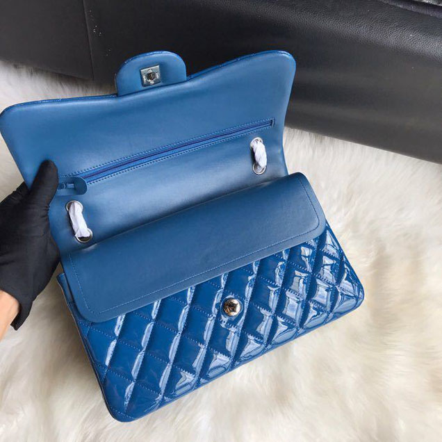 Chanel Classic Double Flap Bag 30cm Silver Hardware Patent Lambskin Leather Spring Summer Act 2 2018 Collection Blue