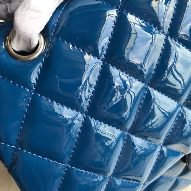 Chanel Classic Double Flap Bag 30cm Silver Hardware Patent Lambskin Leather Spring Summer Act 2 2018 Collection Blue