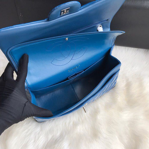 Chanel Classic Double Flap Bag 30cm Silver Hardware Patent Lambskin Leather Spring Summer Act 2 2018 Collection Blue