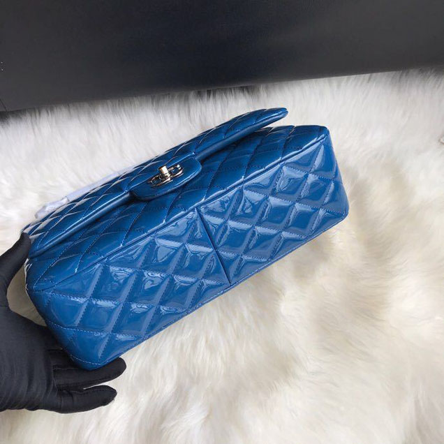 Chanel Classic Double Flap Bag 30cm Silver Hardware Patent Lambskin Leather Spring Summer Act 2 2018 Collection Blue