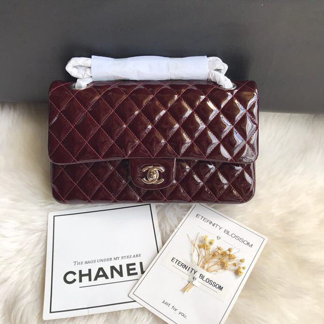 Chanel Classic Double Flap Bag 25cm Silver Hardware Patent Lambskin Leather Spring Summer Act 2 2018 Collection Burgundy