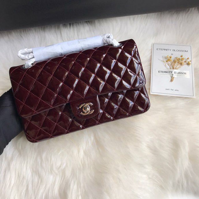 Chanel Classic Double Flap Bag 25cm Silver Hardware Patent Lambskin Leather Spring Summer Act 2 2018 Collection Burgundy