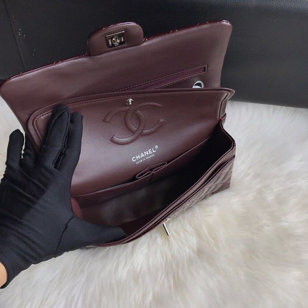 Chanel Classic Double Flap Bag 25cm Silver Hardware Patent Lambskin Leather Spring Summer Act 2 2018 Collection Burgundy