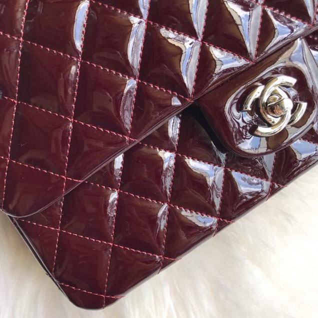 Chanel Classic Double Flap Bag 25cm Silver Hardware Patent Lambskin Leather Spring Summer Act 2 2018 Collection Burgundy